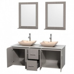 60 inch Double Bathroom Vanity in Gray Oak, White Man-Made Stone Countertop, Avalon Ivory Marble Sinks, and 24 inch Mirrors