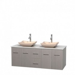 60 inch Double Bathroom Vanity in Gray Oak, White Man-Made Stone Countertop, Avalon Ivory Marble Sinks, and No Mirror