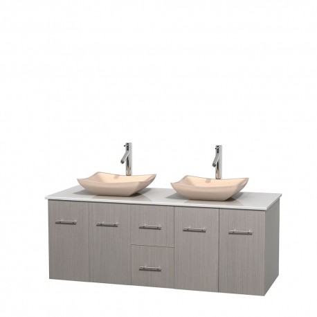 60 inch Double Bathroom Vanity in Gray Oak, White Man-Made Stone Countertop, Avalon Ivory Marble Sinks, and No Mirror