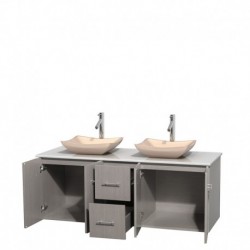 60 inch Double Bathroom Vanity in Gray Oak, White Man-Made Stone Countertop, Avalon Ivory Marble Sinks, and No Mirror