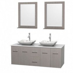 60 inch Double Bathroom Vanity in Gray Oak, White Man-Made Stone Countertop, Avalon White Carrera Marble Sinks, and 24 inch Mir