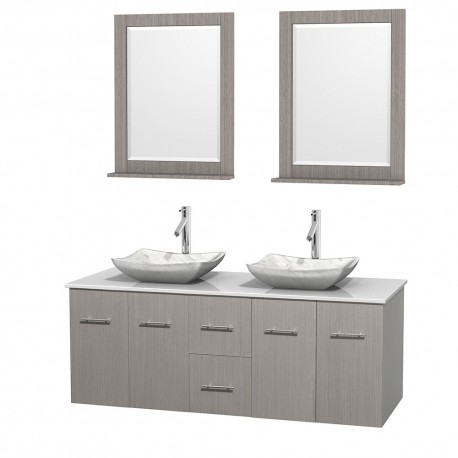 60 inch Double Bathroom Vanity in Gray Oak, White Man-Made Stone Countertop, Avalon White Carrera Marble Sinks, and 24 inch Mir