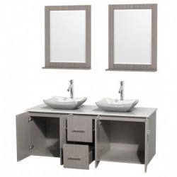 60 inch Double Bathroom Vanity in Gray Oak, White Man-Made Stone Countertop, Avalon White Carrera Marble Sinks, and 24 inch Mir