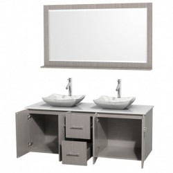 60 inch Double Bathroom Vanity in Gray Oak, White Man-Made Stone Countertop, Avalon White Carrera Marble Sinks, and 58 inch Mir