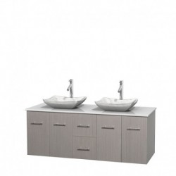 60 inch Double Bathroom Vanity in Gray Oak, White Man-Made Stone Countertop, Avalon White Carrera Marble Sinks, and No Mirror