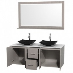 60 inch Double Bathroom Vanity in Gray Oak, White Man-Made Stone Countertop, Arista Black Granite Sinks, and 58 inch Mirror