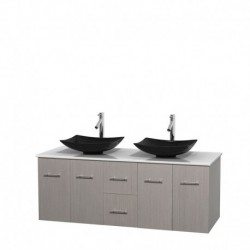 60 inch Double Bathroom Vanity in Gray Oak, White Man-Made Stone Countertop, Arista Black Granite Sinks, and No Mirror