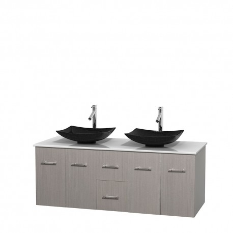 60 inch Double Bathroom Vanity in Gray Oak, White Man-Made Stone Countertop, Arista Black Granite Sinks, and No Mirror