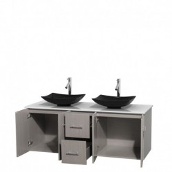 60 inch Double Bathroom Vanity in Gray Oak, White Man-Made Stone Countertop, Arista Black Granite Sinks, and No Mirror
