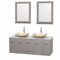 60 inch Double Bathroom Vanity in Gray Oak, White Man-Made Stone Countertop, Arista Ivory Marble Sinks, and 24 inch Mirrors