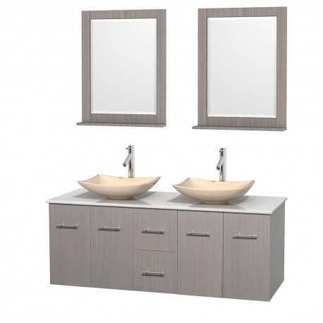 60 inch Double Bathroom Vanity in Gray Oak, White Man-Made Stone Countertop, Arista Ivory Marble Sinks, and 24 inch Mirrors