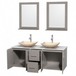 60 inch Double Bathroom Vanity in Gray Oak, White Man-Made Stone Countertop, Arista Ivory Marble Sinks, and 24 inch Mirrors