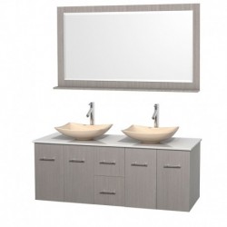 60 inch Double Bathroom Vanity in Gray Oak, White Man-Made Stone Countertop, Arista Ivory Marble Sinks, and 58 inch Mirror