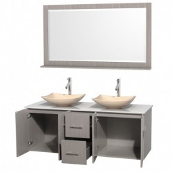 60 inch Double Bathroom Vanity in Gray Oak, White Man-Made Stone Countertop, Arista Ivory Marble Sinks, and 58 inch Mirror