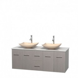 60 inch Double Bathroom Vanity in Gray Oak, White Man-Made Stone Countertop, Arista Ivory Marble Sinks, and No Mirror