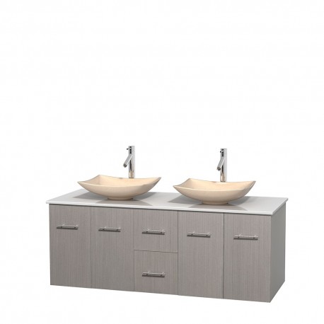 60 inch Double Bathroom Vanity in Gray Oak, White Man-Made Stone Countertop, Arista Ivory Marble Sinks, and No Mirror