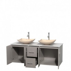 60 inch Double Bathroom Vanity in Gray Oak, White Man-Made Stone Countertop, Arista Ivory Marble Sinks, and No Mirror