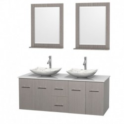 60 inch Double Bathroom Vanity in Gray Oak, White Man-Made Stone Countertop, Arista White Carrera Marble Sinks, and 24 inch Mir