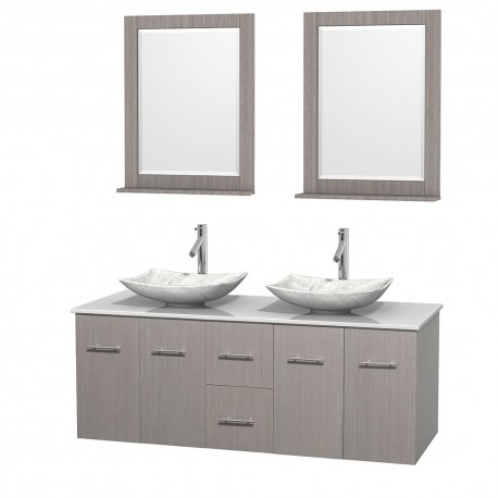 60 inch Double Bathroom Vanity in Gray Oak, White Man-Made Stone Countertop, Arista White Carrera Marble Sinks, and 24 inch Mir