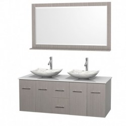60 inch Double Bathroom Vanity in Gray Oak, White Man-Made Stone Countertop, Arista White Carrera Marble Sinks, and 58 inch Mir