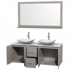 60 inch Double Bathroom Vanity in Gray Oak, White Man-Made Stone Countertop, Arista White Carrera Marble Sinks, and 58 inch Mir