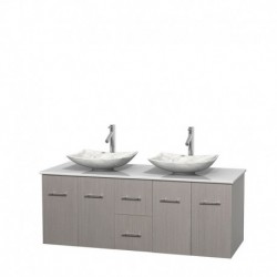 60 inch Double Bathroom Vanity in Gray Oak, White Man-Made Stone Countertop, Arista White Carrera Marble Sinks, and No Mirror