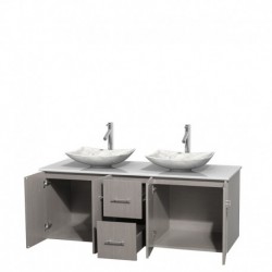 60 inch Double Bathroom Vanity in Gray Oak, White Man-Made Stone Countertop, Arista White Carrera Marble Sinks, and No Mirror