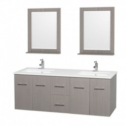 60 inch Double Bathroom Vanity in Gray Oak, White Man-Made Stone Countertop, Undermount Square Sink, and 24 inch Mirrors