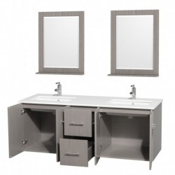 60 inch Double Bathroom Vanity in Gray Oak, White Man-Made Stone Countertop, Undermount Square Sink, and 24 inch Mirrors