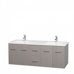 60 inch Double Bathroom Vanity in Gray Oak, White Man-Made Stone Countertop, Undermount Square Sinks, and No Mirror