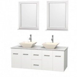 60 inch Double Bathroom Vanity in Matte White, White Carrera Marble Countertop, Pyra Bone Porcelain Sinks, and 24 inch Mirrors