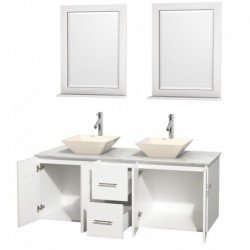 60 inch Double Bathroom Vanity in Matte White, White Carrera Marble Countertop, Pyra Bone Porcelain Sinks, and 24 inch Mirrors