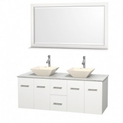 60 inch Double Bathroom Vanity in Matte White, White Carrera Marble Countertop, Pyra Bone Porcelain Sinks, and 58 inch Mirror