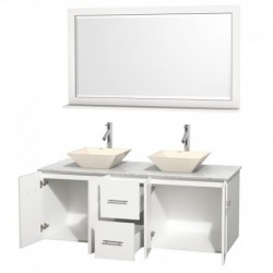 60 inch Double Bathroom Vanity in Matte White, White Carrera Marble Countertop, Pyra Bone Porcelain Sinks, and 58 inch Mirror