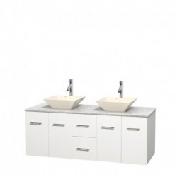 60 inch Double Bathroom Vanity in Matte White, White Carrera Marble Countertop, Pyra Bone Porcelain Sinks, and No Mirror