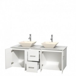 60 inch Double Bathroom Vanity in Matte White, White Carrera Marble Countertop, Pyra Bone Porcelain Sinks, and No Mirror