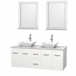 60 inch Double Bathroom Vanity in Matte White, White Carrera Marble Countertop, Pyra White Porcelain Sinks, and 24 inch Mirrors
