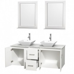 60 inch Double Bathroom Vanity in Matte White, White Carrera Marble Countertop, Pyra White Porcelain Sinks, and 24 inch Mirrors