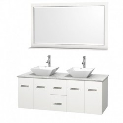 60 inch Double Bathroom Vanity in Matte White, White Carrera Marble Countertop, Pyra White Porcelain Sinks, and 58 inch Mirror