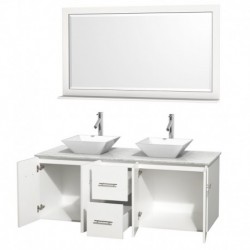 60 inch Double Bathroom Vanity in Matte White, White Carrera Marble Countertop, Pyra White Porcelain Sinks, and 58 inch Mirror