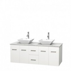 60 inch Double Bathroom Vanity in Matte White, White Carrera Marble Countertop, Pyra White Porcelain Sinks, and No Mirror
