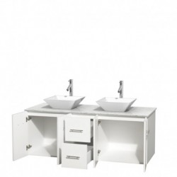 60 inch Double Bathroom Vanity in Matte White, White Carrera Marble Countertop, Pyra White Porcelain Sinks, and No Mirror