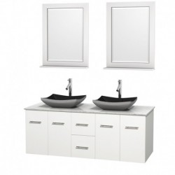 60 inch Double Bathroom Vanity in Matte White, White Carrera Marble Countertop, Altair Black Granite Sinks, and 24 inch Mirrors