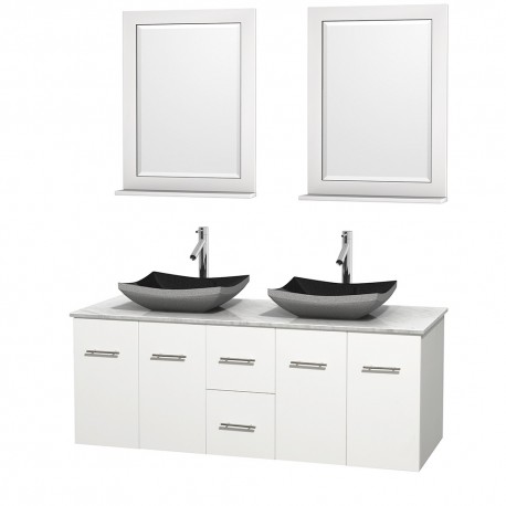 60 inch Double Bathroom Vanity in Matte White, White Carrera Marble Countertop, Altair Black Granite Sinks, and 24 inch Mirrors