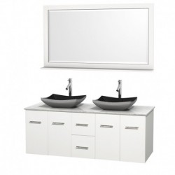 60 inch Double Bathroom Vanity in Matte White, White Carrera Marble Countertop, Altair Black Granite Sinks, and 58 inch Mirror