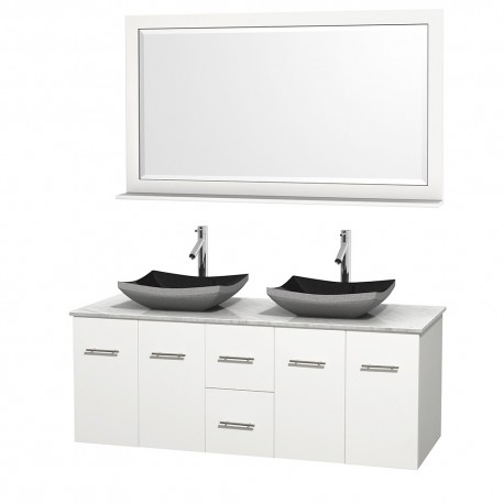 60 inch Double Bathroom Vanity in Matte White, White Carrera Marble Countertop, Altair Black Granite Sinks, and 58 inch Mirror