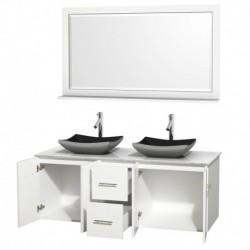 60 inch Double Bathroom Vanity in Matte White, White Carrera Marble Countertop, Altair Black Granite Sinks, and 58 inch Mirror