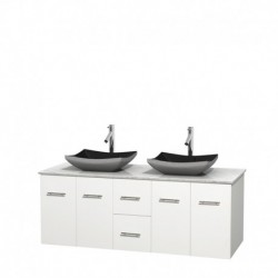 60 inch Double Bathroom Vanity in Matte White, White Carrera Marble Countertop, Altair Black Granite Sinks, and No Mirror