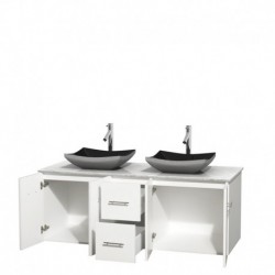 60 inch Double Bathroom Vanity in Matte White, White Carrera Marble Countertop, Altair Black Granite Sinks, and No Mirror