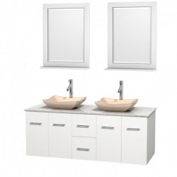 60 inch Double Bathroom Vanity in Matte White, White Carrera Marble Countertop, Avalon Ivory Marble Sinks, and 24 inch Mirrors